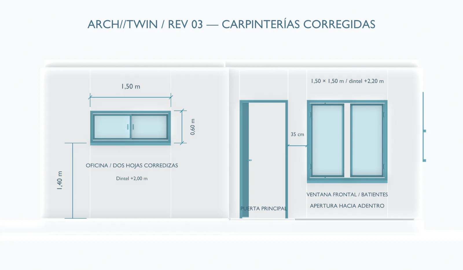 Lámina de carpinterías corregidas con dimensiones y tipos de abertura, revisión 03