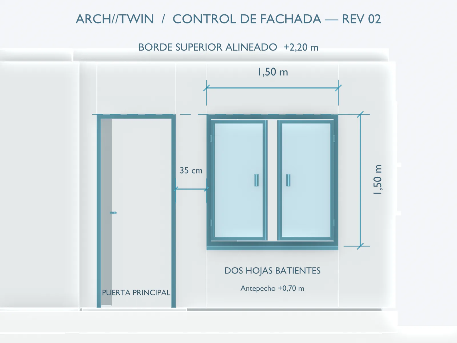 Lámina de control de fachada con puerta principal y ventana de dos hojas, revisión 02