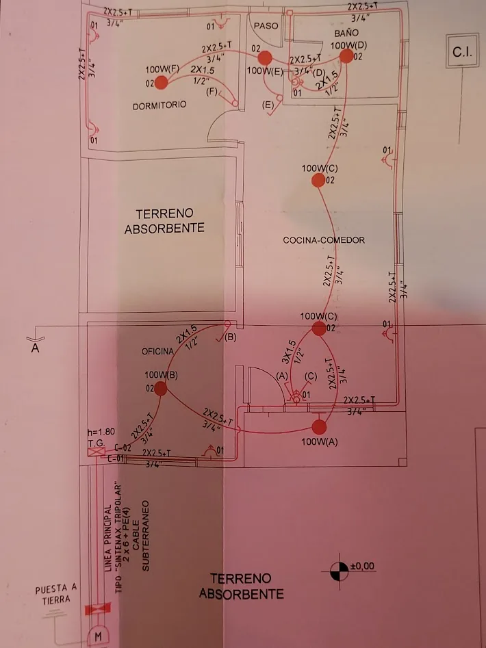 Fotografía de plano de instalaciones de la vivienda modelo Alfonsina, con dormitorio, baño, cocina comedor y oficina