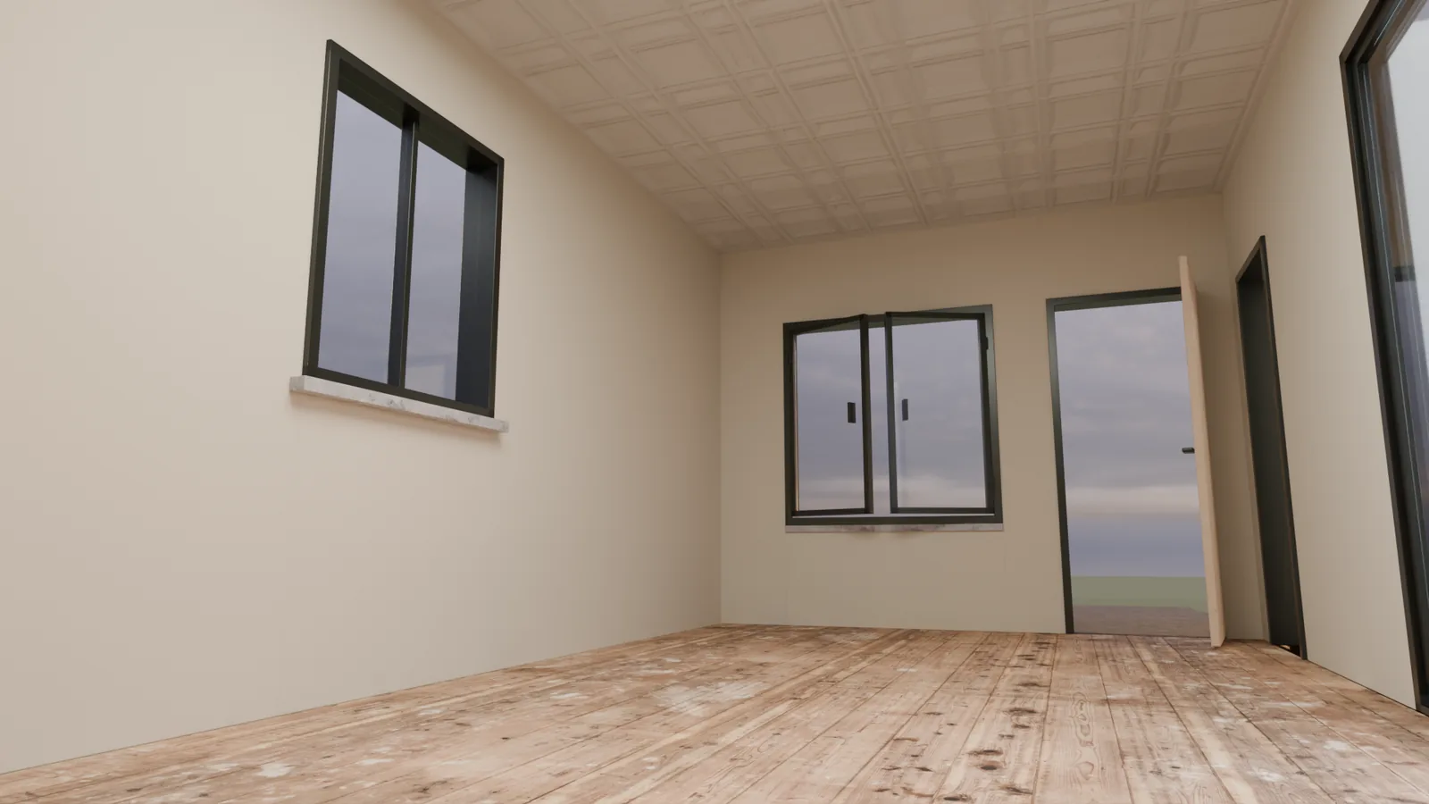 Vista base de muros, ventanas y piso de madera