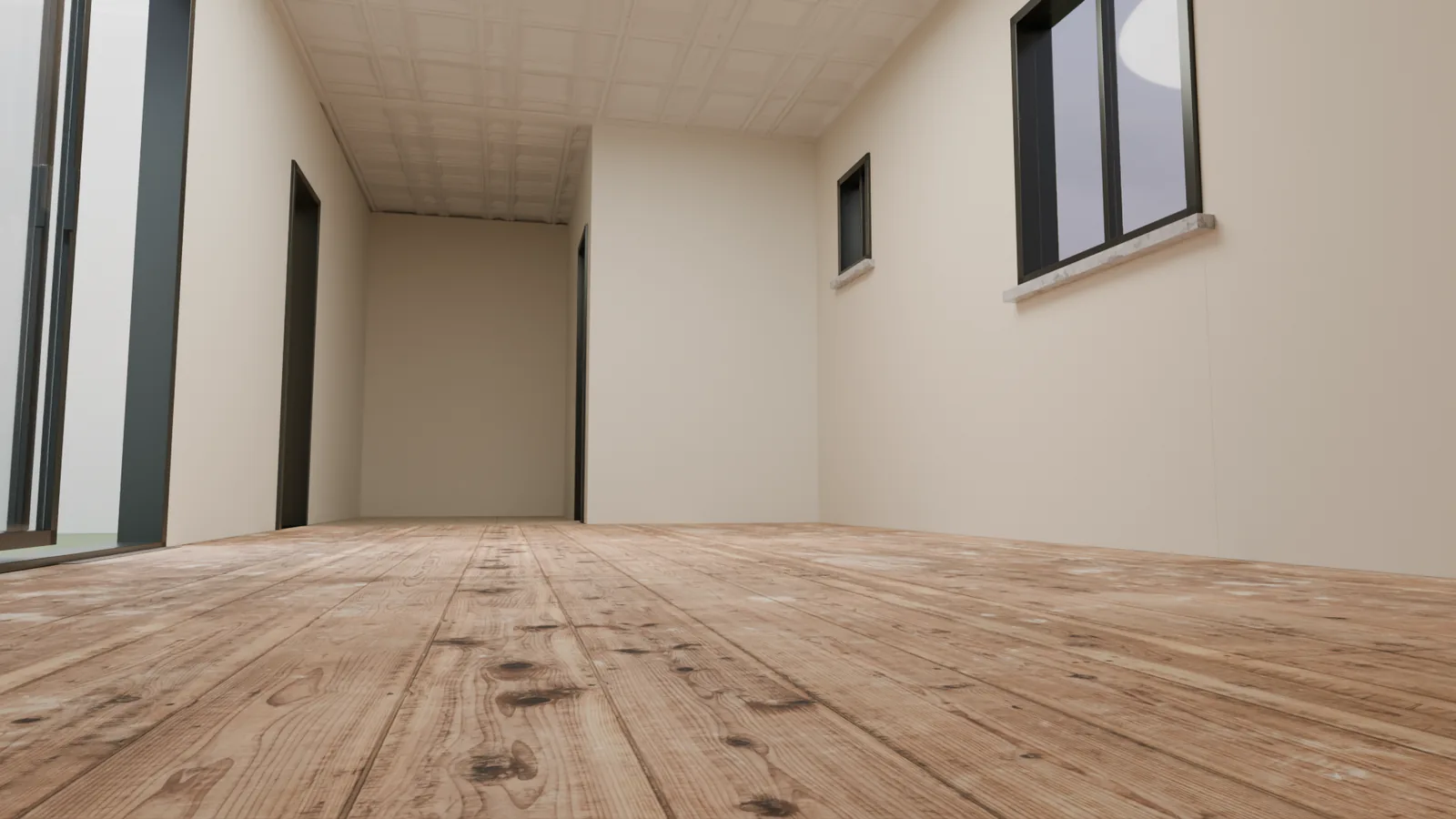 Vista base de perspectiva longitudinal con piso de madera