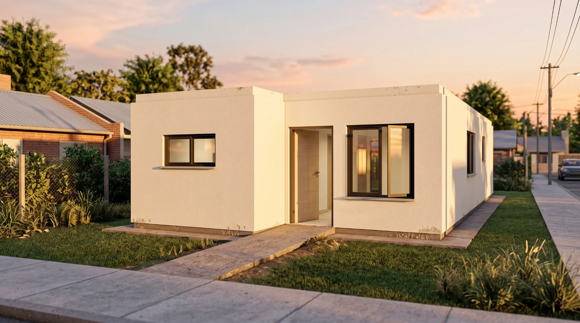 Visualización refinada al atardecer de la fachada de la vivienda Alfonsina