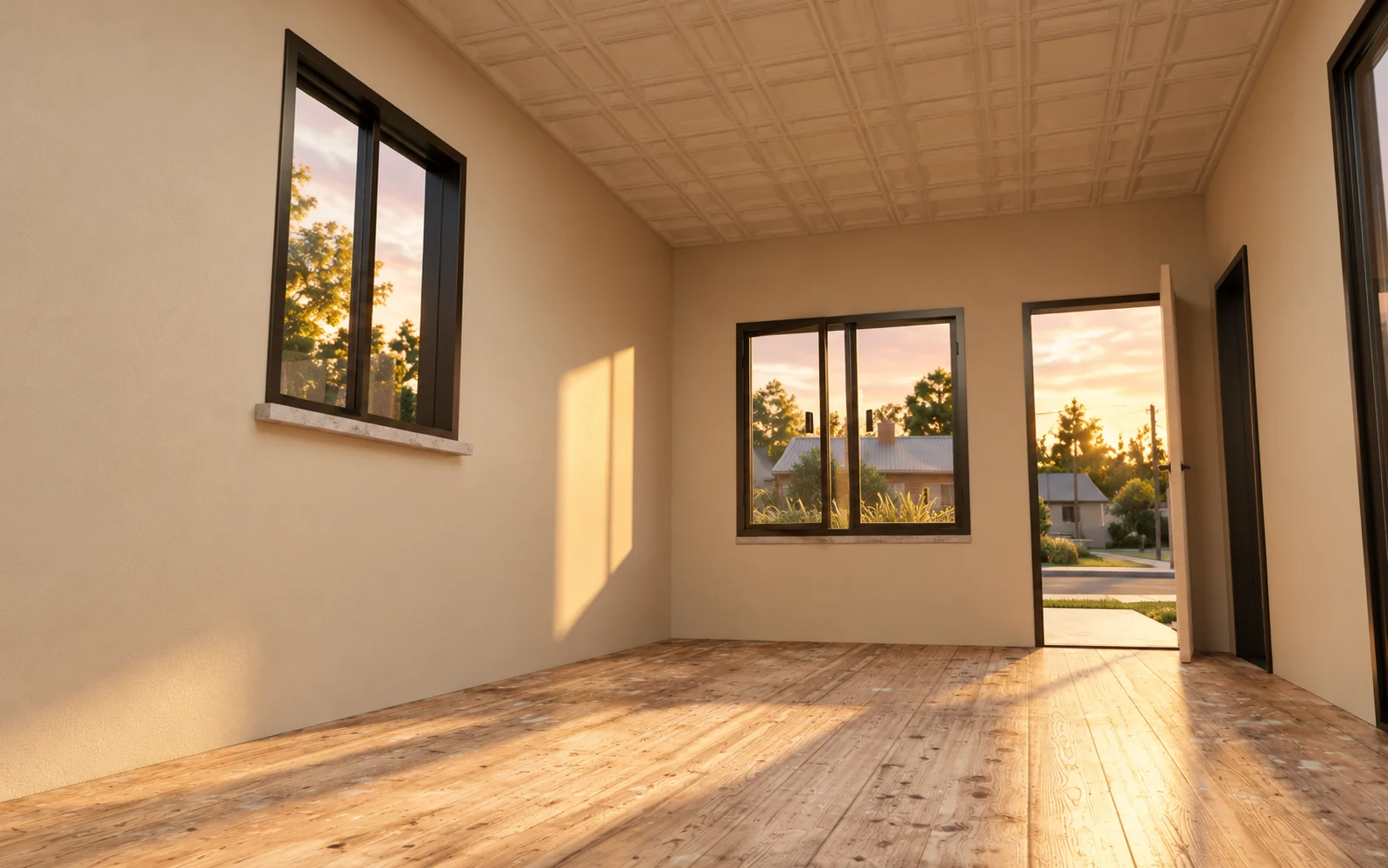Interior refinado con ventanas y luz de última hora