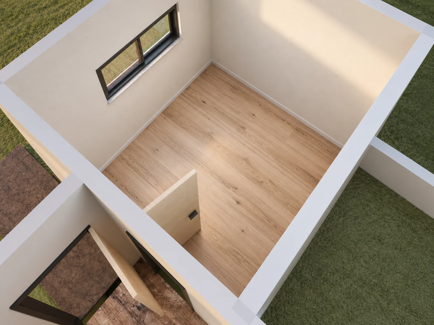 Vista cenital refinada con pavimento de madera y luz suave