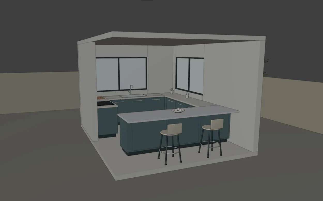 Modelo 3D base de la cocina todavía sin materiales terminados