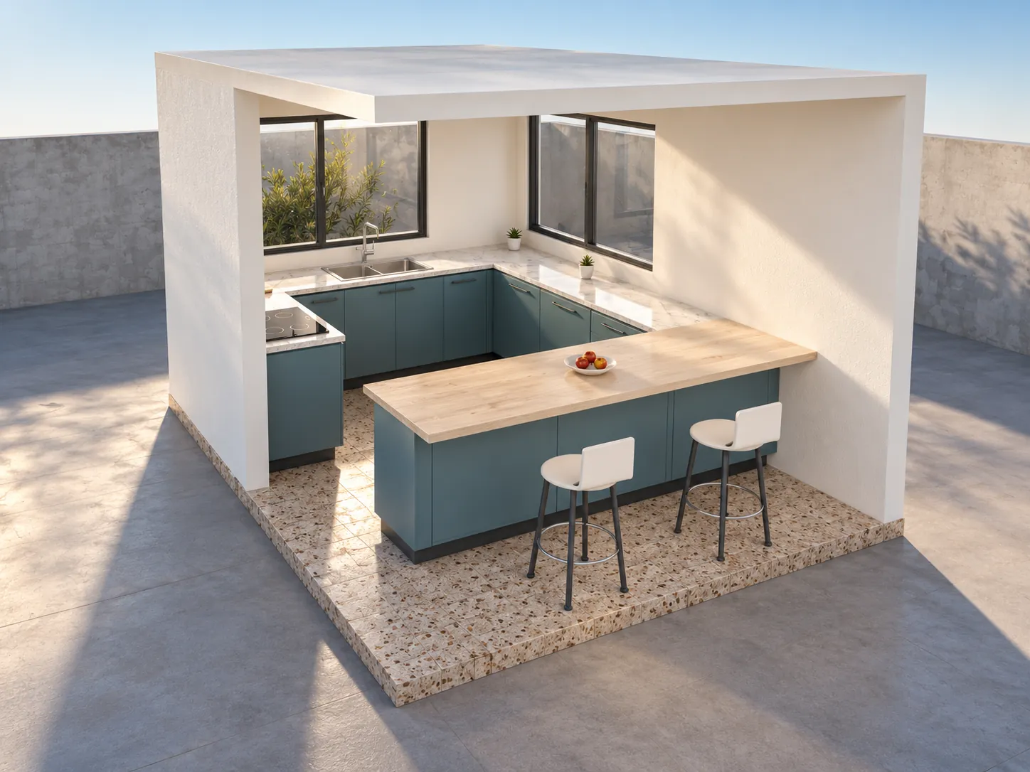Vista general del proyecto AT-02, cocina compacta con barra, taburetes y luz natural