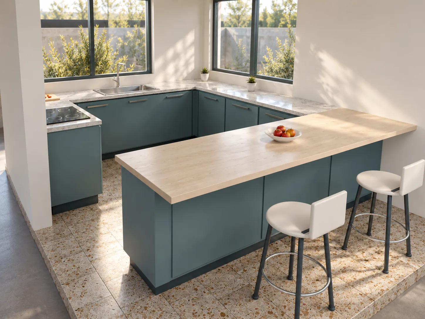 Render arquitectónico final de la kitchenette AT-02, con mobiliario azul petróleo, barra de madera y luz natural